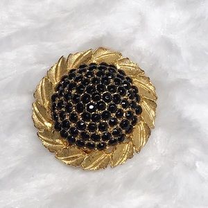 Sunflower Brooch Vintage Gold Metal Black Rhinestones